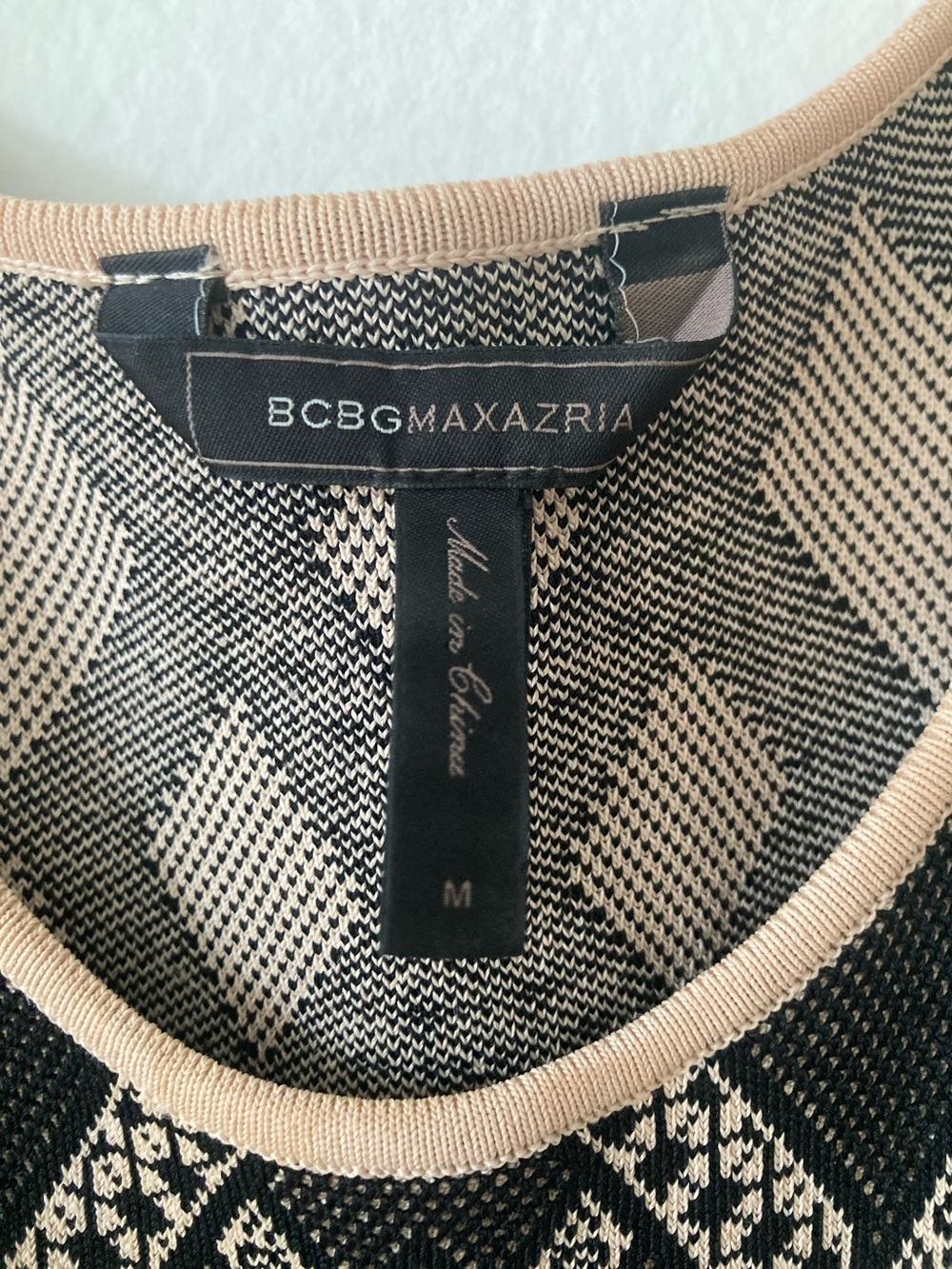 BCBGMaxAzria Black and Beige Geometric Knit Fit-and-Flare Mini Dress - Picture 2 of 6